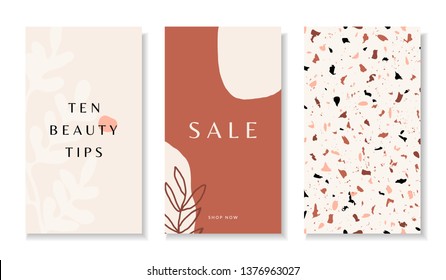 A set of three stories templates with abstract botanical and organic shapes in brown, pastel pink, orange and cream. Trendy contemporary collage style flyer, card, brochure, social media post design.