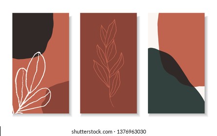 A set of three stories templates with abstract botanical and organic shapes in brown, dark green, orange and cream. Trendy contemporary collage style flyer, card, brochure, social media post design.