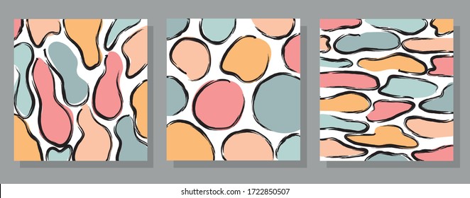 Set of three stories templates with abstract shapes. Trendy and stylish wallpaper, textile, branding and packaging design, modern art. 