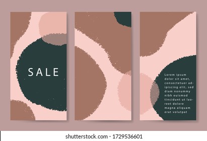 A set of three stories templates with abstract shapes in green, orange pastel colors. Media post for social networks. Universal templates for invitation. Greeting cards, flyers, design, cover.