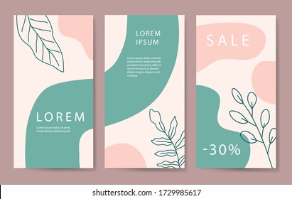 A set of three stories templates with abstract shapes in green and pink pastel colors. Media post for social networks. Universal templates for invitation. Greeting cards, flyers, design, cover.