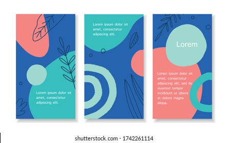 Un conjunto de plantillas de tres pisos con formas abstractas en color verde, azul y rosa. Publicación de medios para redes sociales. Plantillas universales para invitación. Tarjetas de felicitación, volantes, diseño, portada.