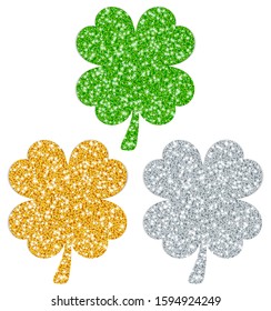 Set Of Three Straight Filled Shamrocks Sparkling Gold Silver Green