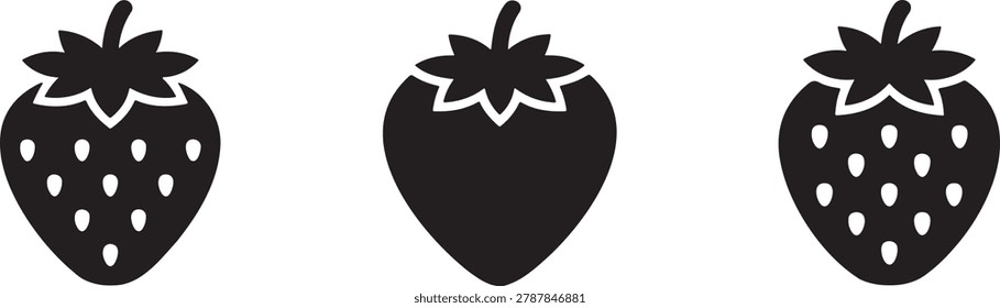 Set of three strawberry silhouette icons in flat black style detailed with seeds and leaf, and full silhouette variation on white background