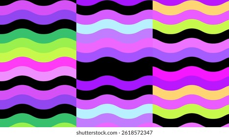 Set of three striped wavy bright patterns, color options