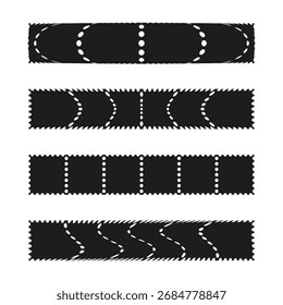 Conjunto de tres tiras. Líneas decorativas de perforación. Abstracto blanco negro. Elemento de papel de Vector. EPS 10.
