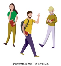 Set of three students. Flat vector illustration. A young girl and two boys. Isolated characters on a white background. Smiling teenagers in casual clothes. The youth way of life.