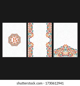 Set aus drei Farben Papier Rahmen mit Blumenmuster. Alte Banner mit verschiedenen Formen dekoriert. Muster für Einladungen oder Karten