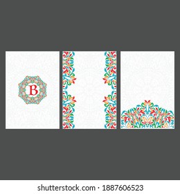 Set of three style color paper frames with floral swirl patterns. Old boho banners with different shape decoration. Templates for holiday invitations or cards