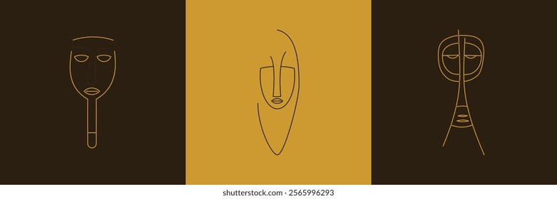 Set of three stylish African masks. Outline African mask vector emblems for design. Vector illustration set abstract geometric faces.