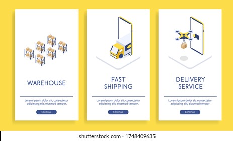 Conjunto de tres elegantes carteles de servicio de entrega. Ilustración vectorial isométrica del correo y almacén para anuncios.