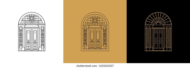 Set of three stylish Georgian doors. Vector emblems for design. Outline elements, logo, signmark, sign.
