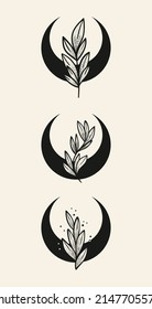 Set of three stylish illustrations. Black logos light background. Hand drawn ink dot pattern templates. Icons for decoration and design with crescent moon and plants.