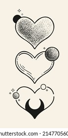 Set of three stylish illustrations. Black logos light background. Hand drawn ink dot pattern templates. Icons for decoration and design with hearts, circles and crescents.