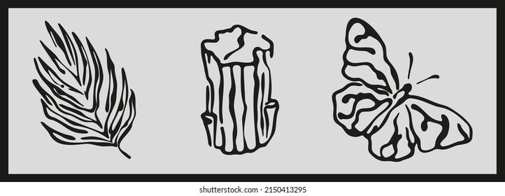 Set of three stylish illustrations. Black logo light background. Hand drawn ink templates. Icons for decoration and design with plants, minerals, insects. Thick lines.
