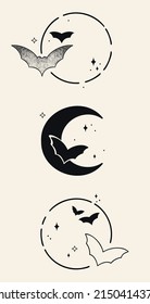 Conjunto de tres ilustraciones elegantes. Fondo claro del logo negro. Plantillas de tinta de puntos dibujadas a mano. Iconos de decoración y diseño con luna creciente, murciélagos, estrellas.