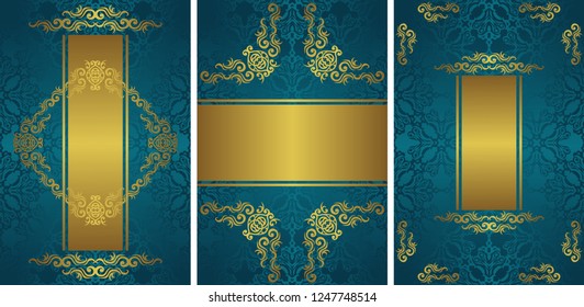 Set of three stylish invitations with luxury gold decoration on blue vintage background. Can be used for wedding invitation       