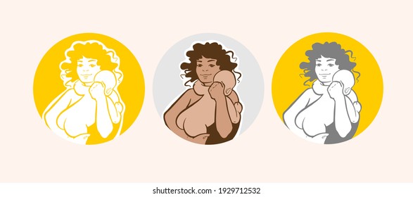 A set of three stylish logos in a circle. A young happy woman embraces a child. Color illustration of the female theme of motherhood and childhood. Vector.