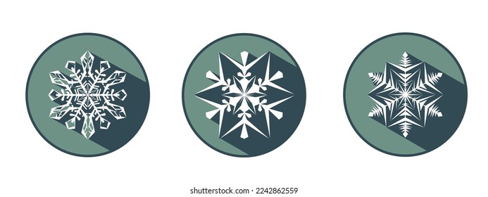Set of three stylish white snowflakes with shadows. New Year's attributes in trendy colors of 2023. The illusion of a three-dimensional image.