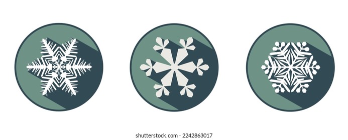 Set of three stylish white snowflakes with shadows. New Year's attributes in trendy colors of 2023. The illusion of a three-dimensional image.