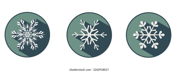 Set of three stylish white snowflakes with shadows. New Year's attributes in trendy colors of 2023. The illusion of a three-dimensional image.