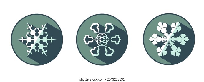 Tres elegantes copos blancos de nieve con sombras. Atributos de Año Nuevo en colores de moda de 2023. La ilusión de una imagen tridimensional.