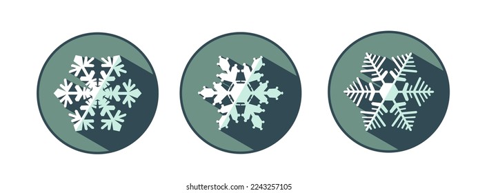 Set of three stylish white snowflakes with shadows. New Year's attributes in trendy colors of 2023. The illusion of a three-dimensional image.