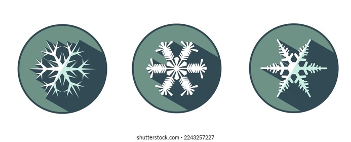Set of three stylish white snowflakes with shadows. New Year's attributes in trendy colors of 2023. The illusion of a three-dimensional image.