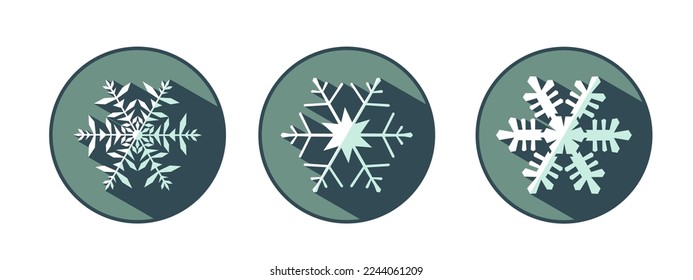 Set of three stylish white snowflakes with shadows. New Year's attributes in trendy colors of 2023. The illusion of a three-dimensional image.