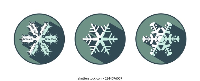 Set of three stylish white snowflakes with shadows. New Year's attributes in trendy colors of 2023. The illusion of a three-dimensional image.