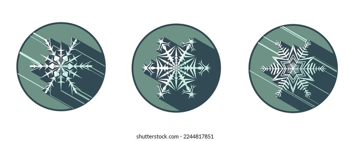 Set of three stylish white snowflakes with shadows. New Year's attributes in trendy colors of 2023. The illusion of a three-dimensional image.