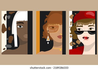 Set of three stylish women on a fashionable background, girls in glasses and jewelry. For fashion magazines, prints on clothes, seals, stickers, prints on shoppers, for the walls of cafes, shops.