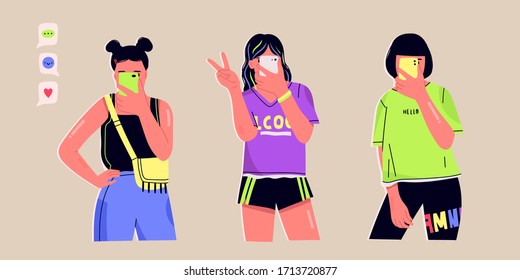 Set of three stylish young ladies taking a selfie on smartphone. Mirror view. Isolated on beige background. Hand drawn colored trendy Vector illustration. Fashion, Social media concept