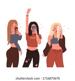 Set of three stylish young ladies taking a selfie on smartphone. Mirror view. Isolated on beige background. Hand drawn colored trendy Vector illustration. Fashion, Social media concept.