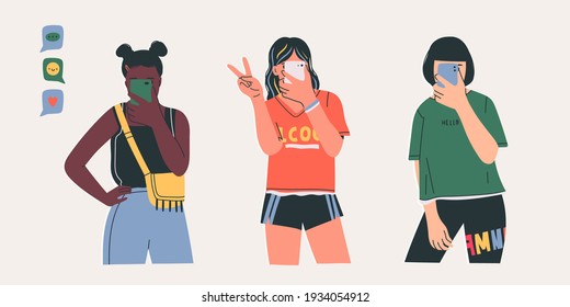 Set of three stylish young ladies taking a selfie on smartphone. Mirror view. Isolated on beige background. Hand drawn colored trendy Vector illustration. Fashion, Social media concept