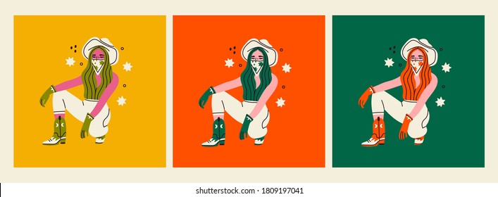 Set of three stylish young Women with a cowboy hats. Cowboy girl sitting and wearing boots and gloves. Hand drawn colored trendy Vector illustrations. Every card is isolated