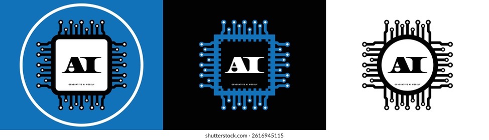 Set of three stylized artificial intelligence (AI) chip logos displayed against contrasting backgrounds – white, black, and blue. technology, machine learning and other. Vector illustration concept.
