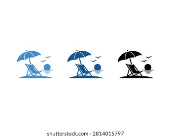 A set of three stylized beach icons showing a lounge chair under a parasol with birds and a setting sun in blue and black colors