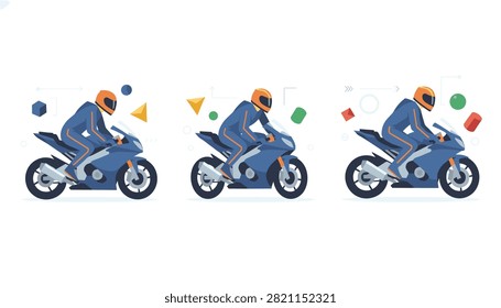 A set of three stylized blue sport motorcycles ridden by racers in matching blue suits and safety helmets.