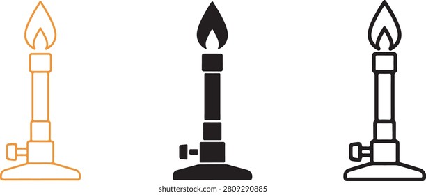 Set of three stylized bunsen burner icons featuring linear and solid graphic designs for laboratory science equipment concepts with arranged horizontally with horizontally