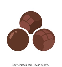 A set of three stylized chocolate truffles depicted in a modern flat vector design. These sweet treats showcase different textures and rich shades of cocoa brown. This versatile graphic is ideal for bakery websites, confectionery marketing, or dessert-themed illustrations.