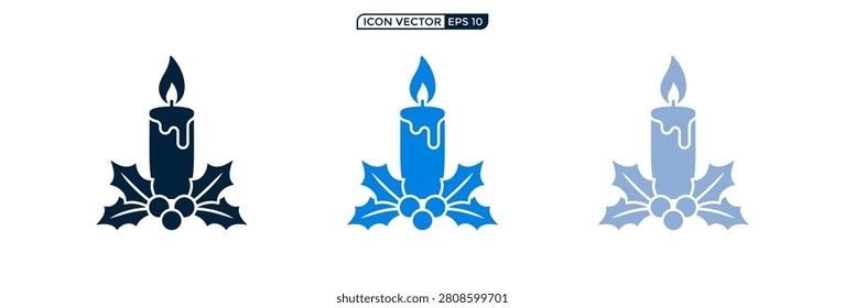 A set of three stylized Christmas candle icons featuring burning flames and holly decorations in dark blue light blue and pale blue colors