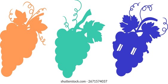 conjunto de três silhuetas de uva estilizadas e coloridas.