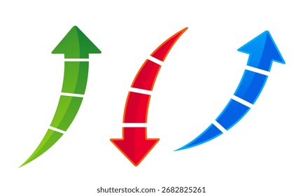 A set of three stylized, curved arrows in green, red, and blue, perfect for showing trends, progress, or different directions in data visualization.