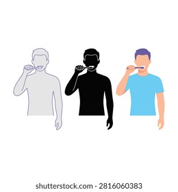 A set of three stylized figures showing a young man brushing his teeth. Includes a line art version, a solid black silhouette, and a modern flat color design style.