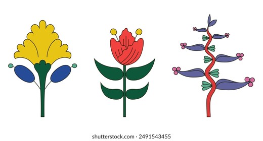 A set of three stylized flowers, colored drawing, floral element
