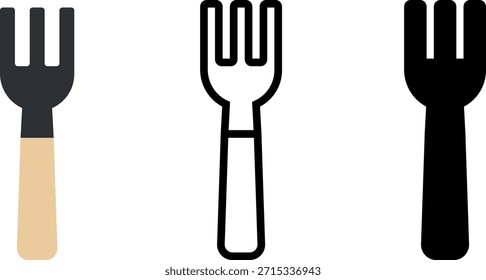 Um conjunto de três ícones de bifurcação estilizados, apresentados em cores planas, contorno e estilos de preto sólido. Ideal para utensílios de cozinha, restaurantes, restaurantes e projetos de design relacionados à comida, web ou interfaces de aplicativos.