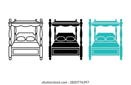 A set of three stylized four-poster bed icons, presented in outline, solid black, and teal color variations, isolated on a white background for interior design and furniture concepts.