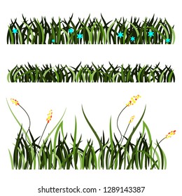 Set of three stylized fragments of the landscape. Reeds, sedge, grass, flowers. Collection of vector images