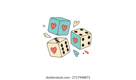 Conjunto de três dados de jogo estilizados em cores pastel apresentando símbolos de coração em vez de números em várias faces em um vetor simples.